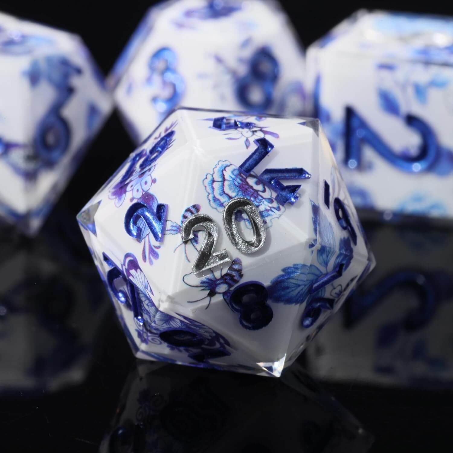 Blue and White Porcelain Sharp Edge Resin Polyhedral 7-Piece D&D Dice Set - Dice of Dragons