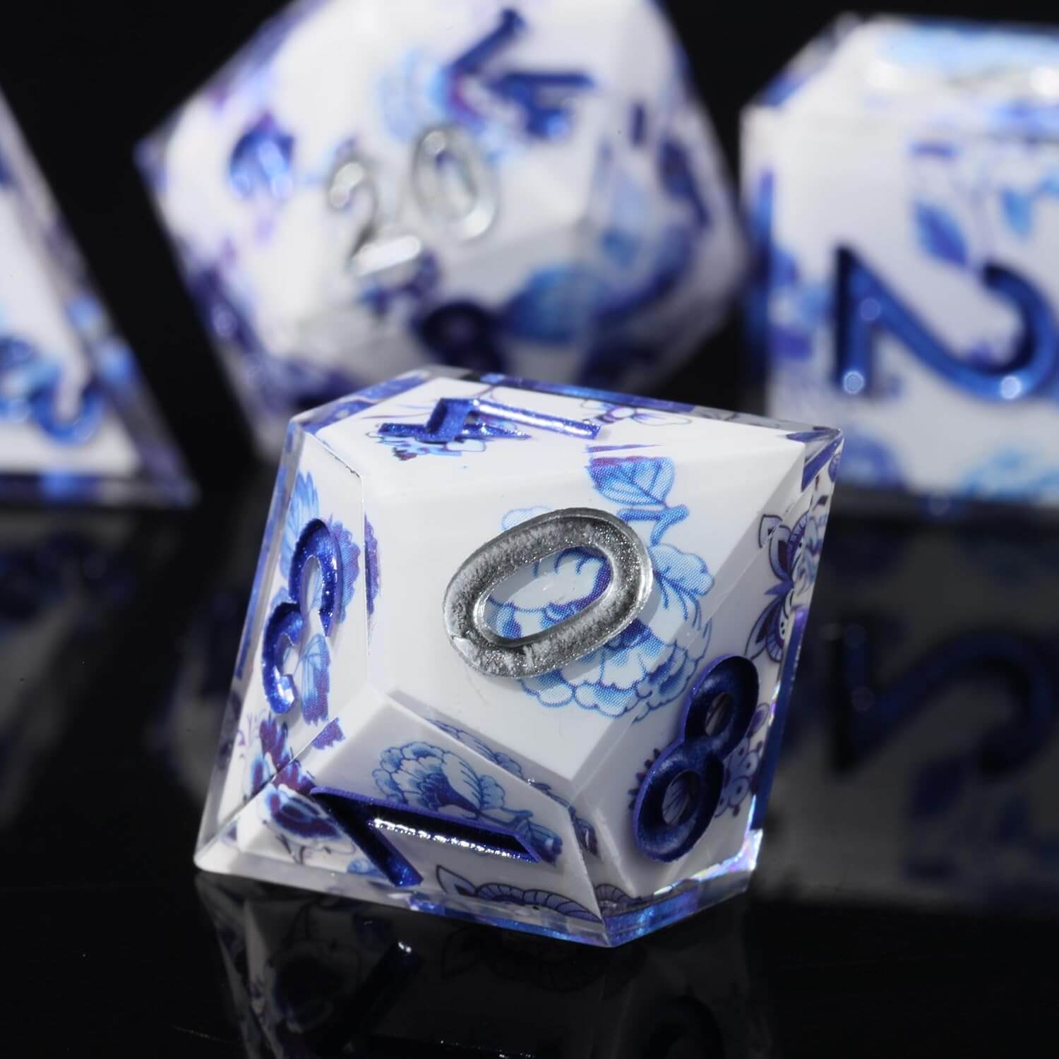 Blue and White Porcelain Sharp Edge Resin Polyhedral 7-Piece D&D Dice Set - Dice of Dragons