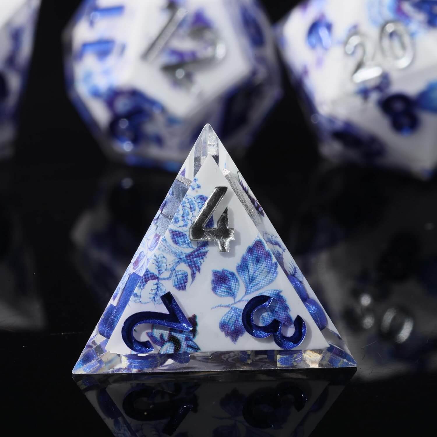 Blue and White Porcelain Sharp Edge Resin Polyhedral 7-Piece D&D Dice Set - Dice of Dragons