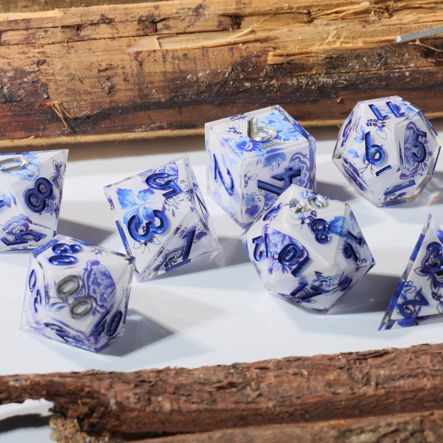 Blue and White Porcelain Sharp Edge Resin Polyhedral 7-Piece D&D Dice Set - Dice of Dragons