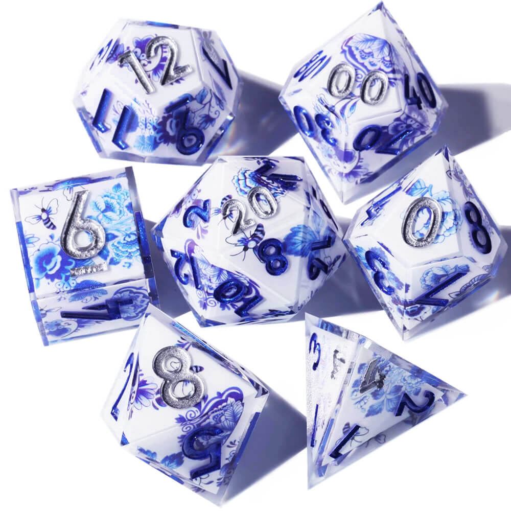 Blue and White Porcelain Sharp Edge Resin Polyhedral 7-Piece D&D Dice Set - Dice of Dragons