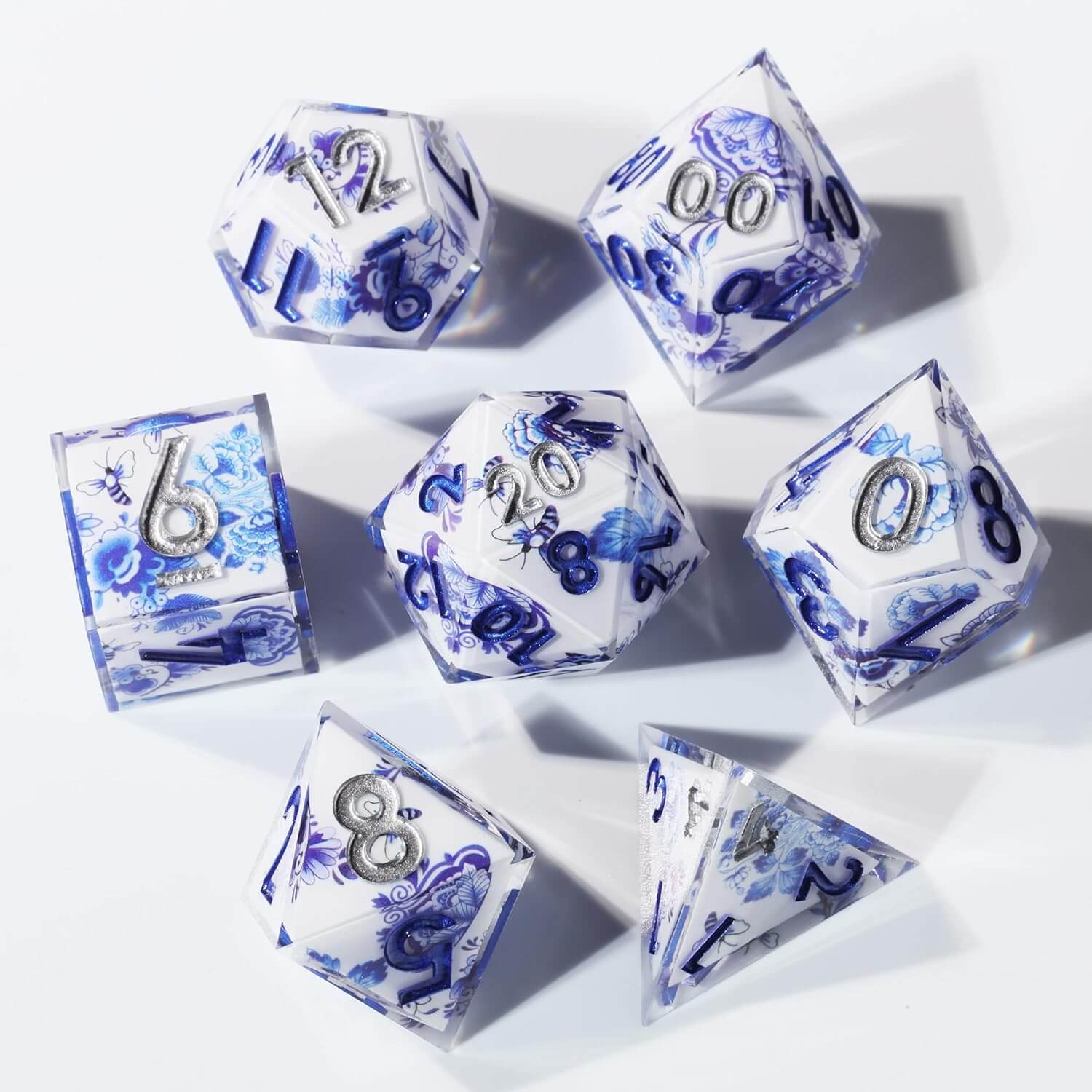 Blue and White Porcelain Sharp Edge Resin Polyhedral 7-Piece D&D Dice Set - Dice of Dragons