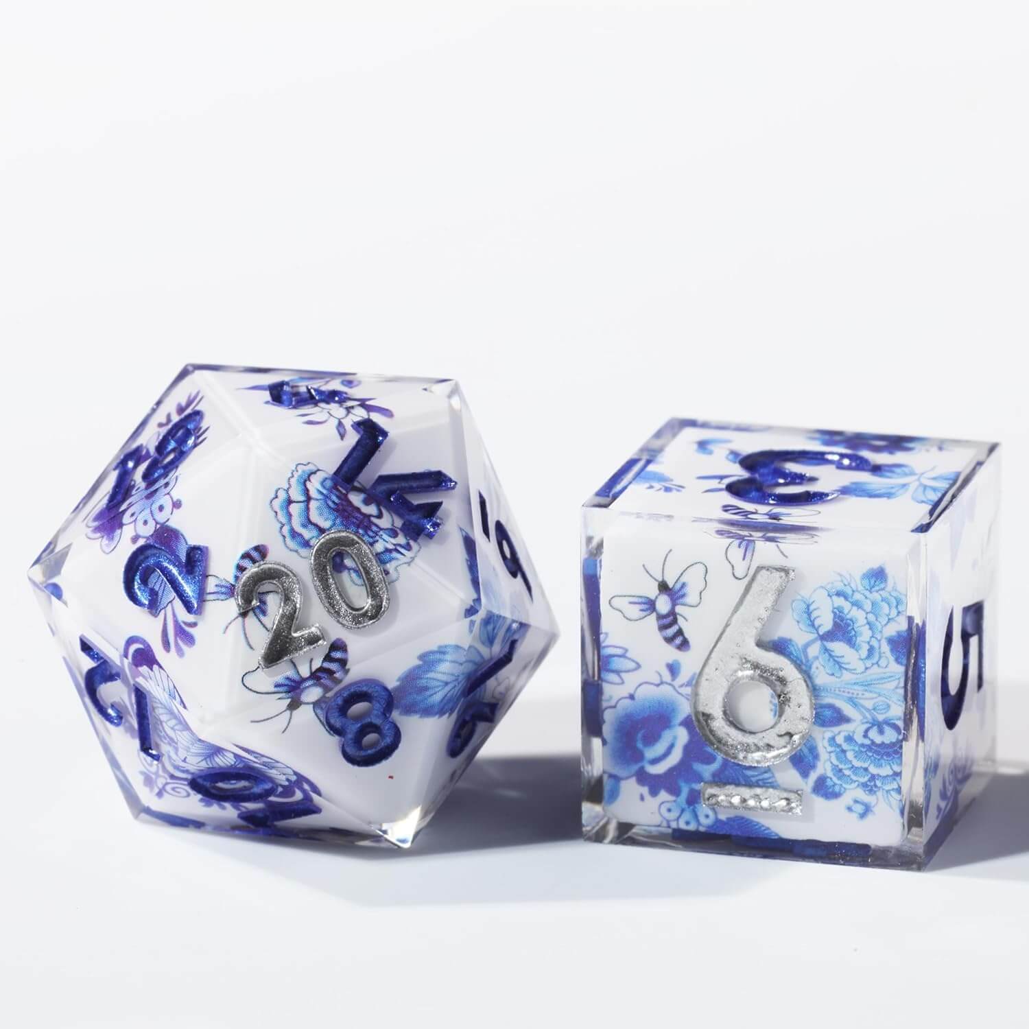 Blue and White Porcelain Sharp Edge Resin Polyhedral 7-Piece D&D Dice Set - Dice of Dragons