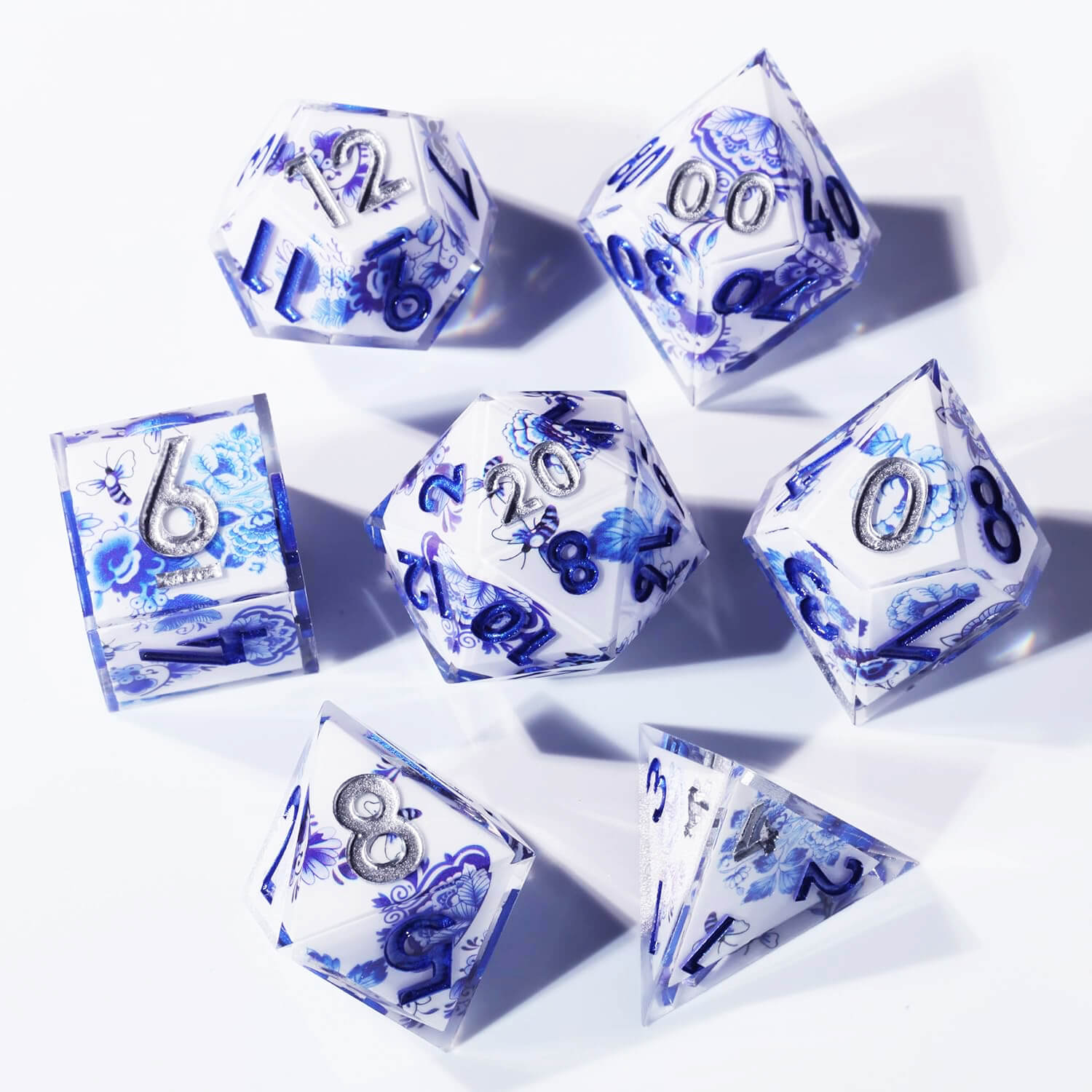 Blue and White Porcelain Sharp Edge Resin Polyhedral 7-Piece D&D Dice Set - Dice of Dragons