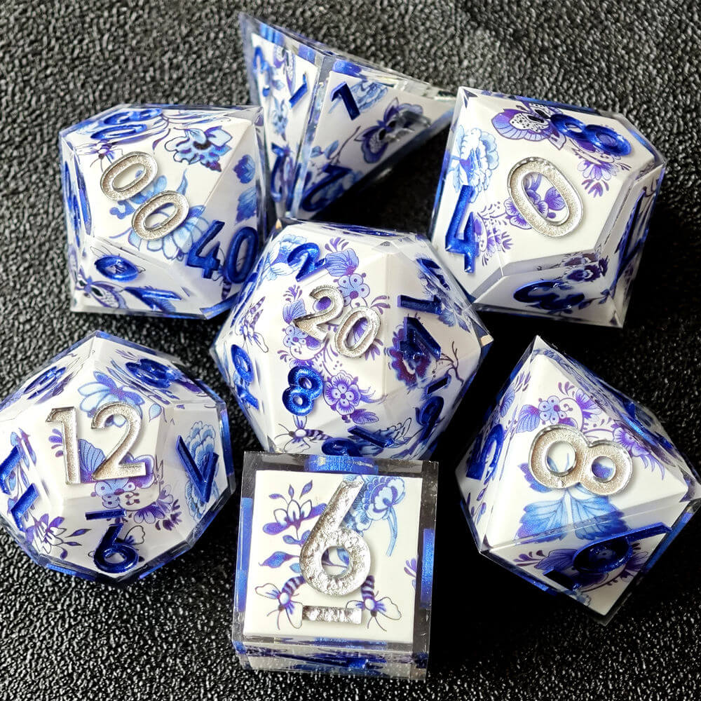 Blue and White Porcelain Sharp Edge Resin Polyhedral 7-Piece D&D Dice Set - Dice of Dragons