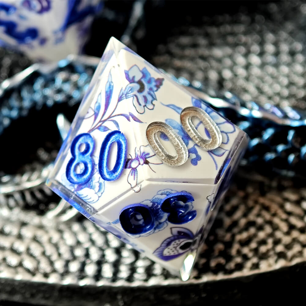 Blue and White Porcelain Sharp Edge Resin Polyhedral 7-Piece D&D Dice Set - Dice of Dragons