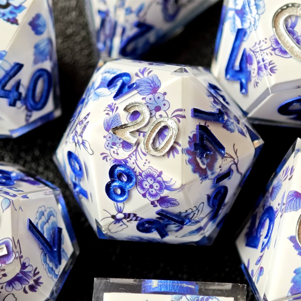 Blue and White Porcelain Sharp Edge Resin Polyhedral 7-Piece D&D Dice Set - Dice of Dragons