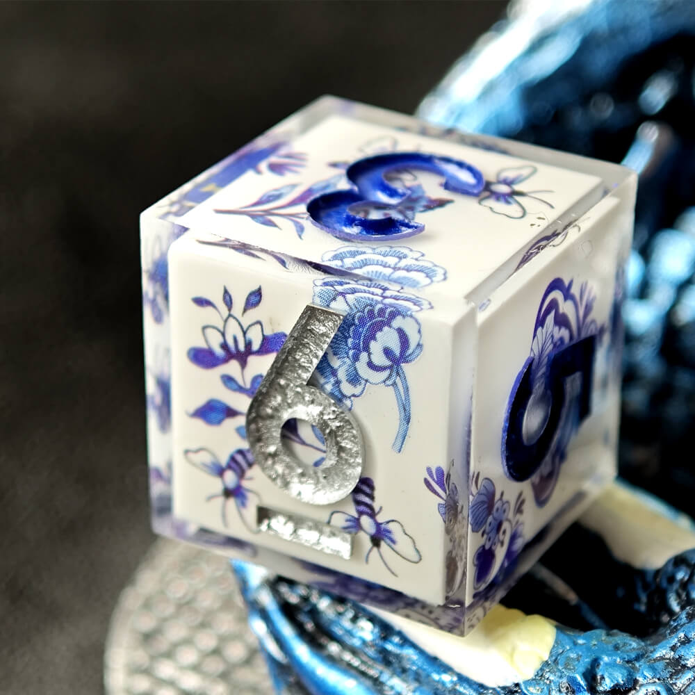 Blue and White Porcelain Sharp Edge Resin Polyhedral 7-Piece D&D Dice Set - Dice of Dragons