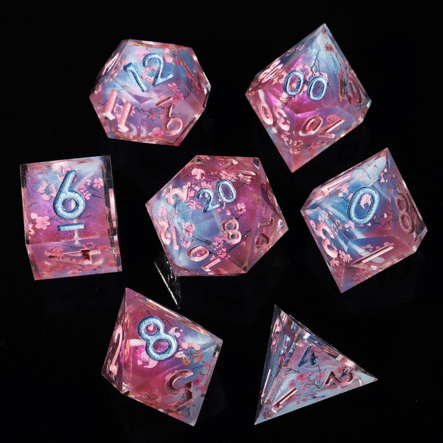 Cherry Blossom 7-Piece Sharp Edge Polyhedral Resin D&D Dice Set - Dice of Dragons