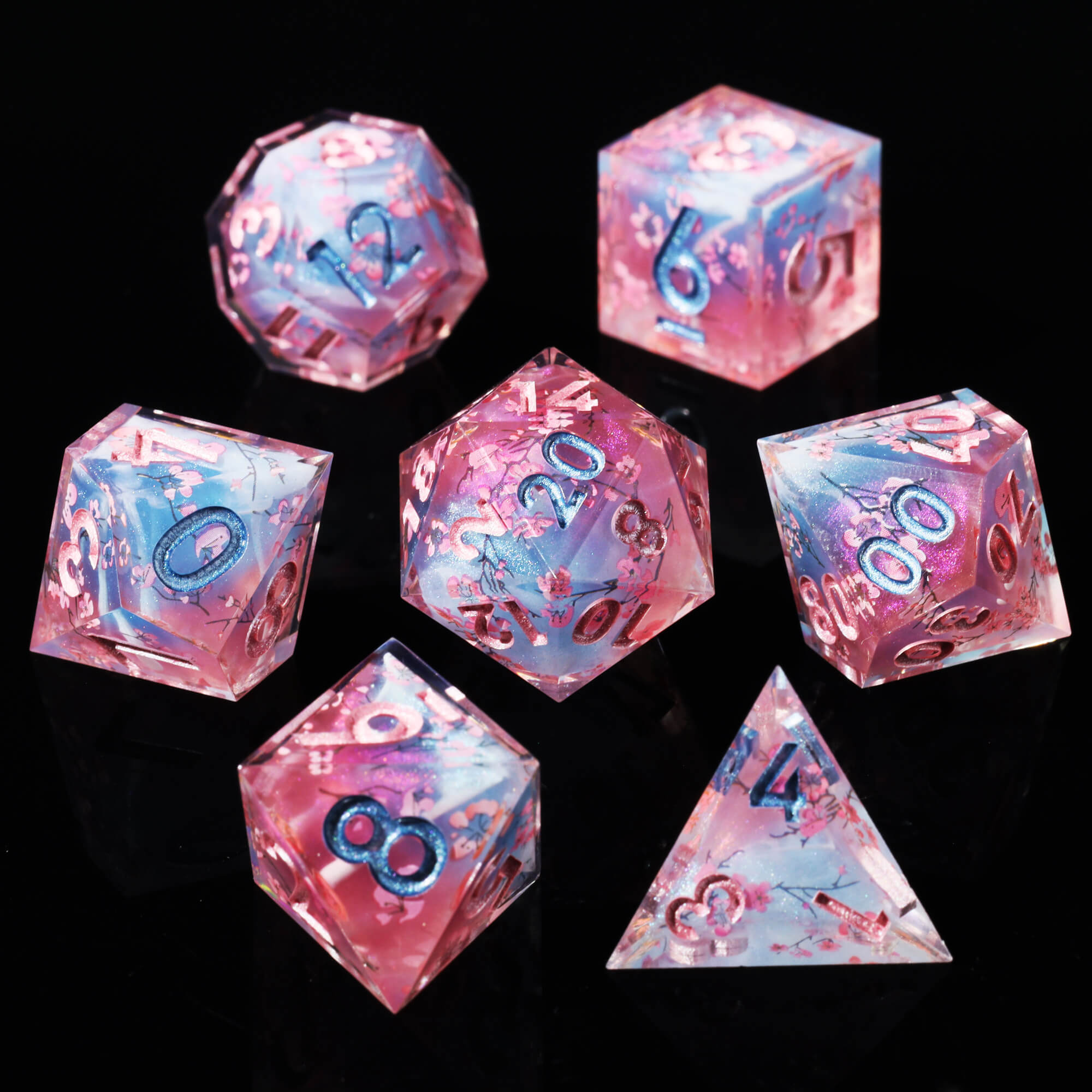 Cherry Blossom 7-Piece Sharp Edge Polyhedral Resin D&D Dice Set - Dice of Dragons