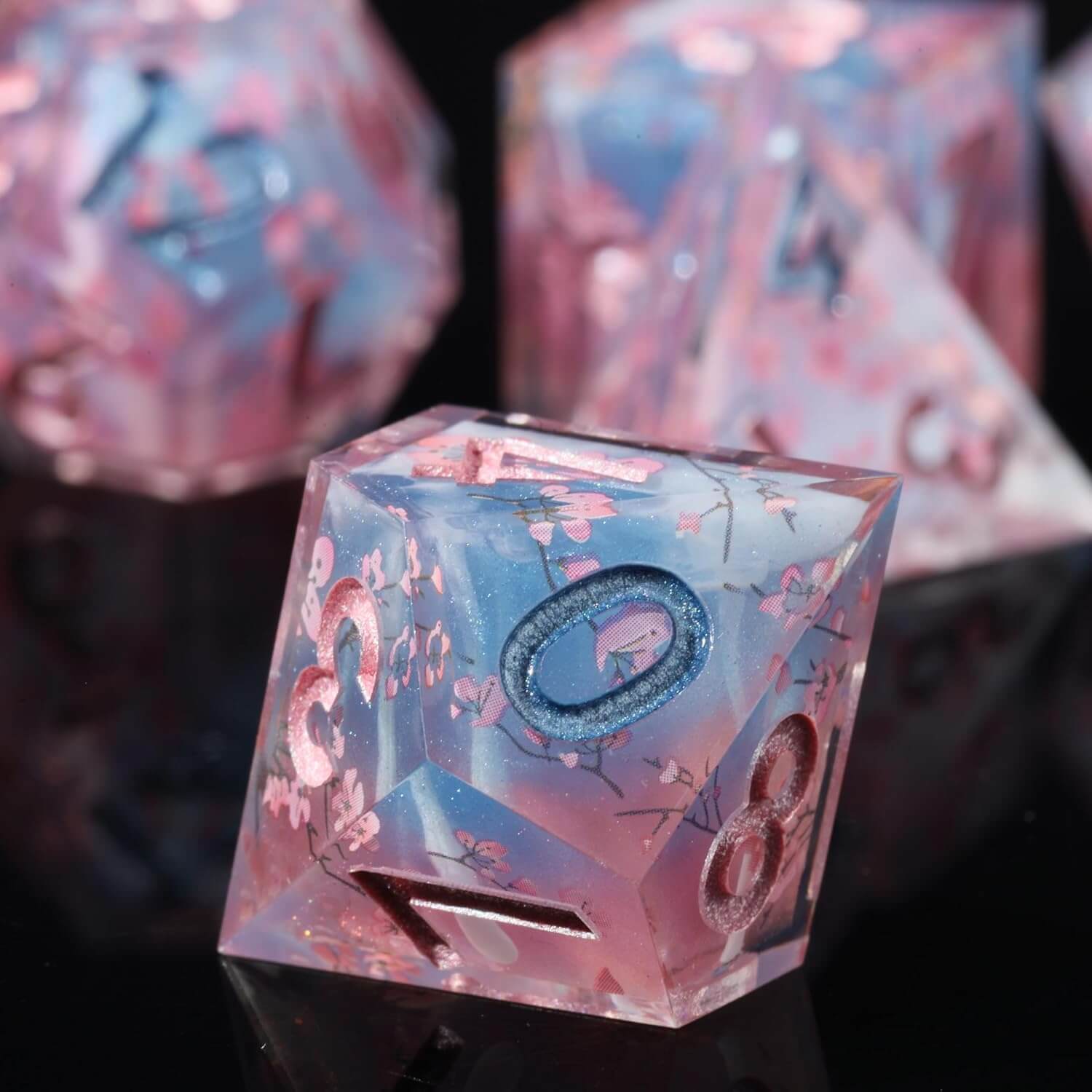 Cherry Blossom 7-Piece Sharp Edge Polyhedral Resin D&D Dice Set - Dice of Dragons