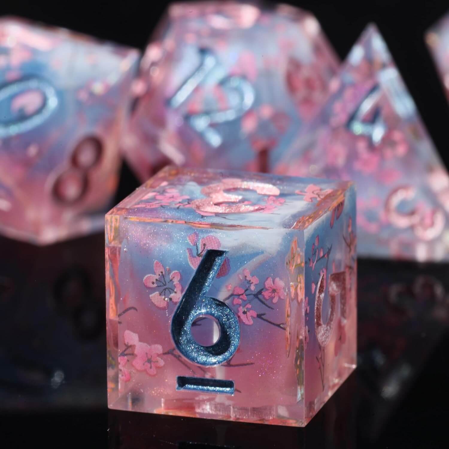 Cherry Blossom 7-Piece Sharp Edge Polyhedral Resin D&D Dice Set - Dice of Dragons