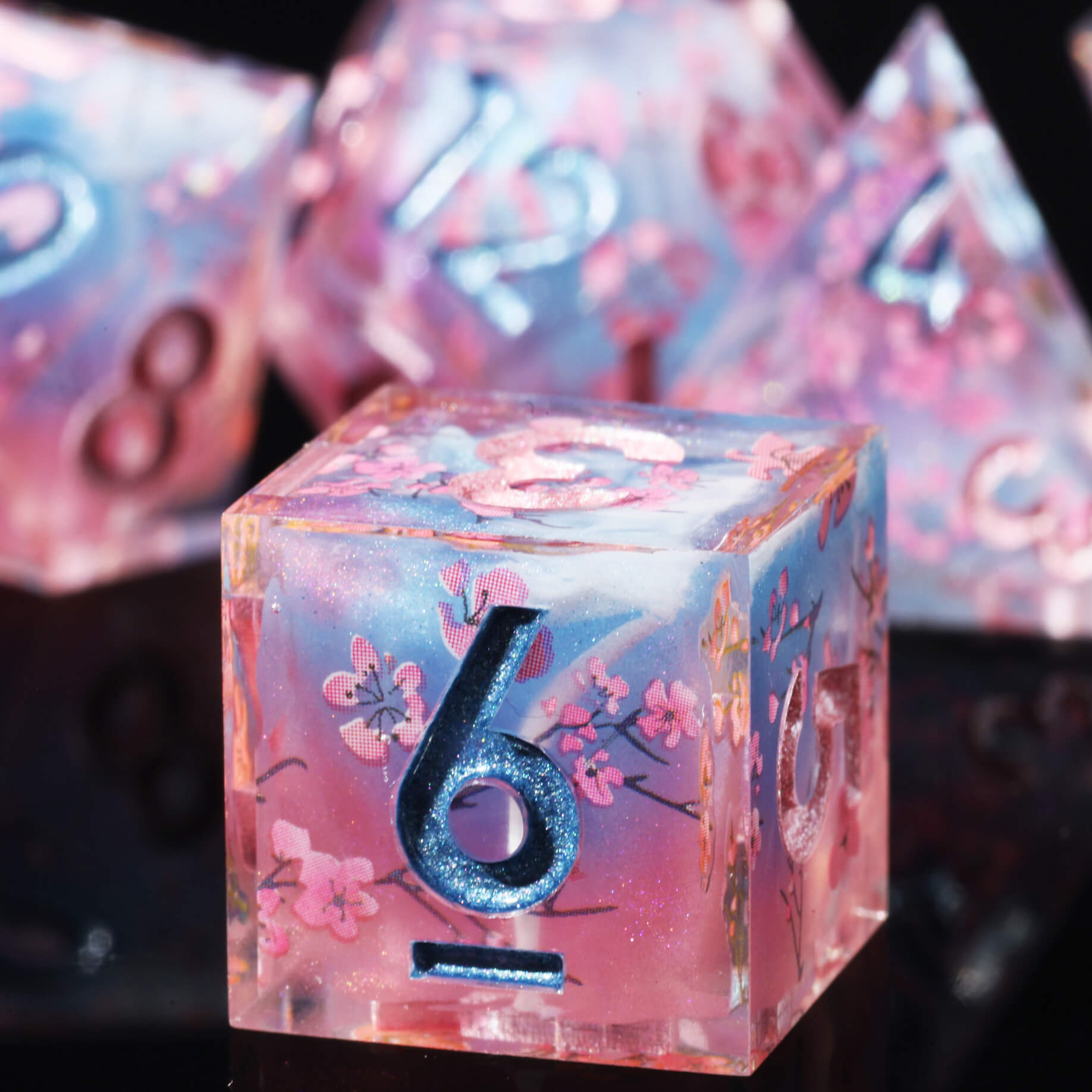 Cherry Blossom 7-Piece Sharp Edge Polyhedral Resin D&D Dice Set - Dice of Dragons