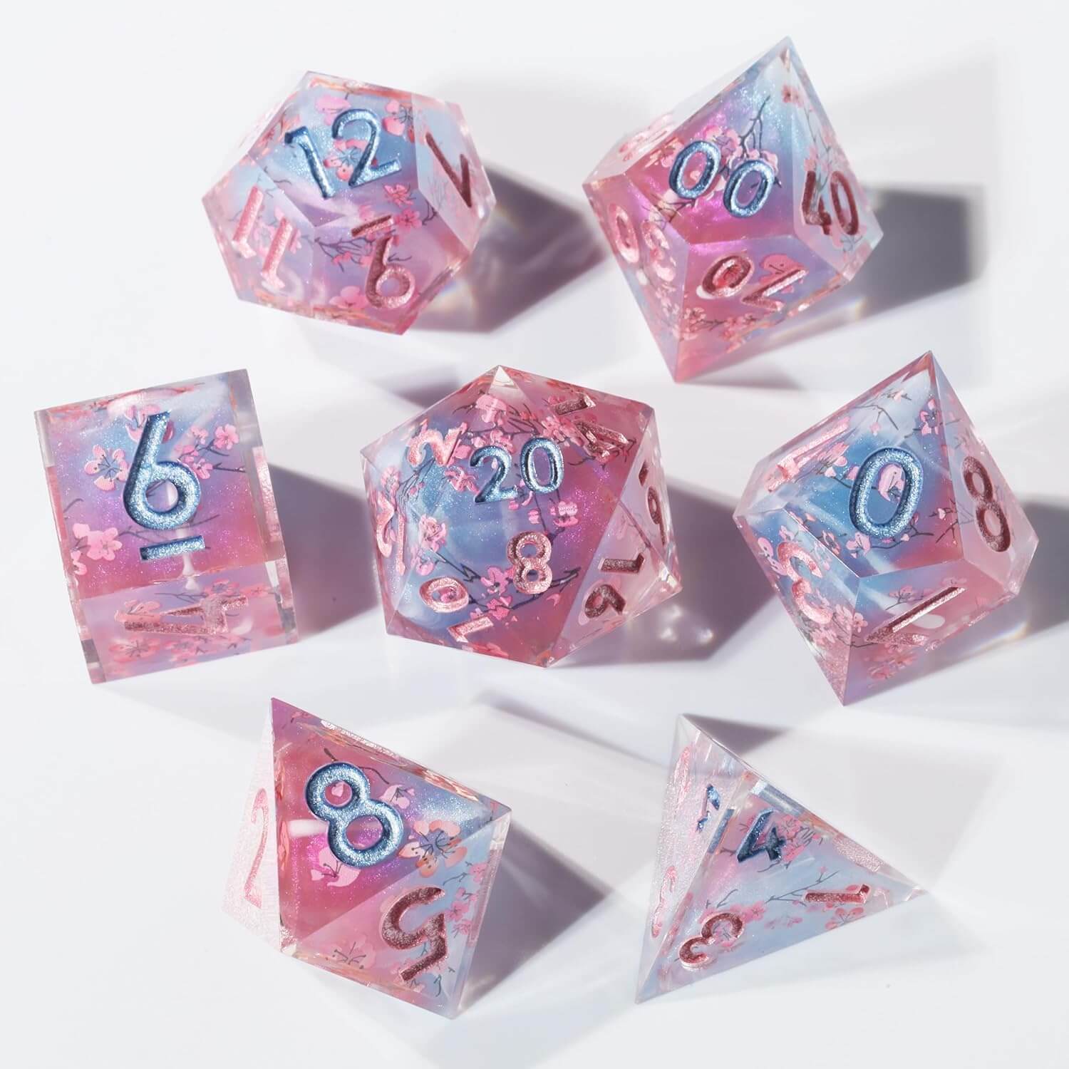 Cherry Blossom 7-Piece Sharp Edge Polyhedral Resin D&D Dice Set - Dice of Dragons