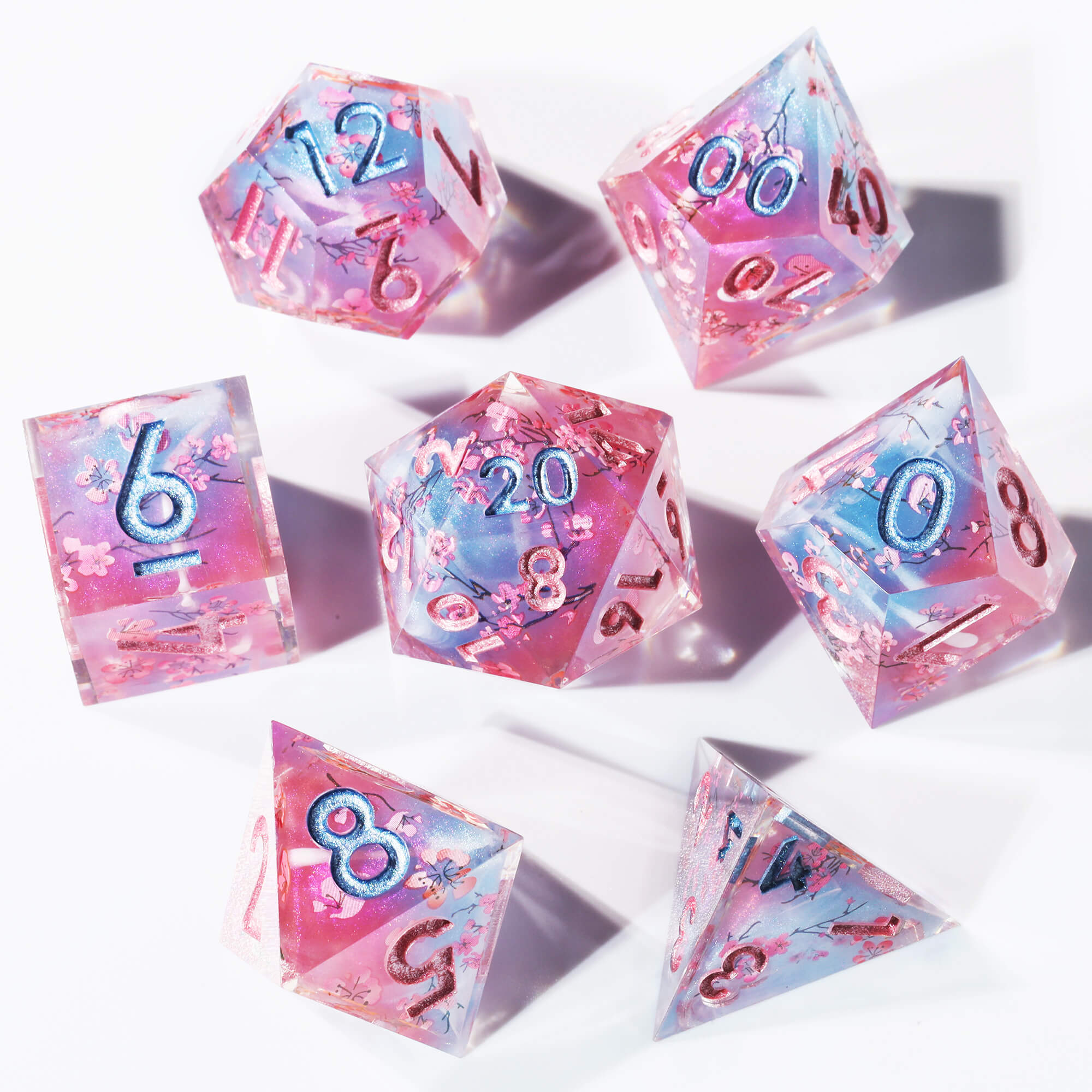 Cherry Blossom 7-Piece Sharp Edge Polyhedral Resin D&D Dice Set - Dice of Dragons