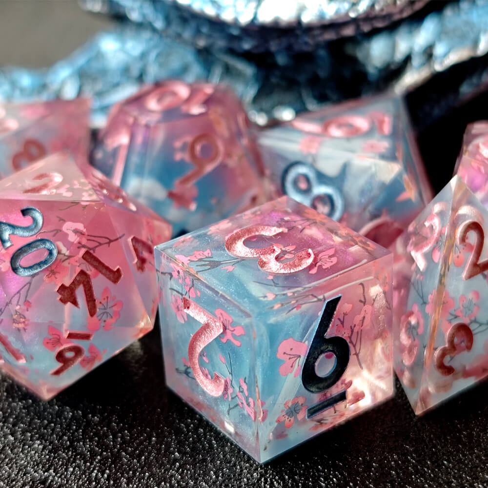 Cherry Blossom 7-Piece Sharp Edge Polyhedral Resin D&D Dice Set - Dice of Dragons