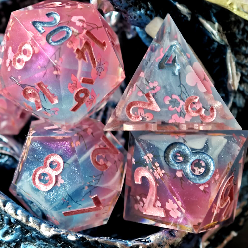 Cherry Blossom 7-Piece Sharp Edge Polyhedral Resin D&D Dice Set - Dice of Dragons