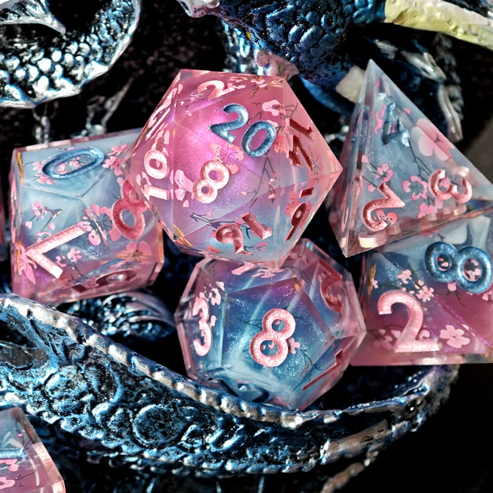 Cherry Blossom 7-Piece Sharp Edge Polyhedral Resin D&D Dice Set - Dice of Dragons