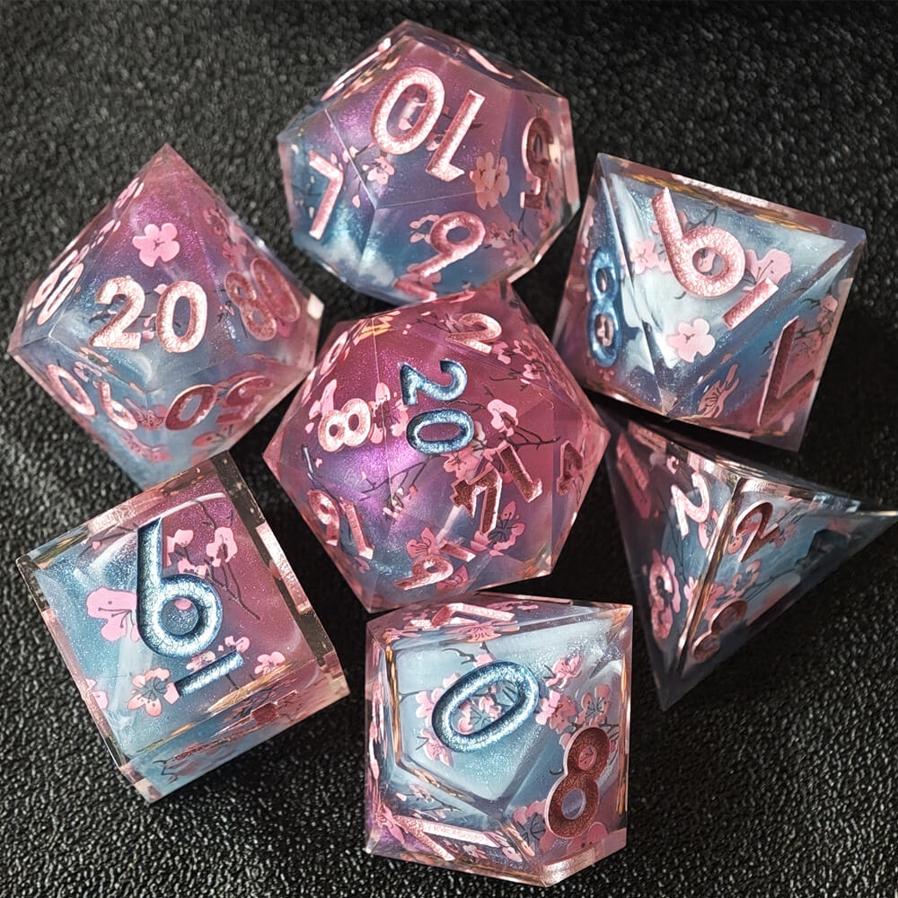 Cherry Blossom 7-Piece Sharp Edge Polyhedral Resin D&D Dice Set - Dice of Dragons