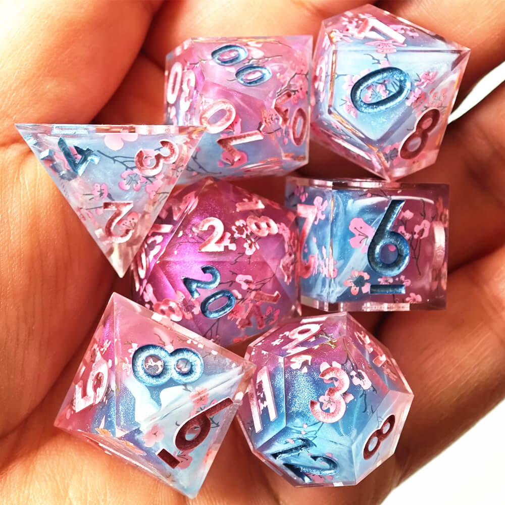 Cherry Blossom 7-Piece Sharp Edge Polyhedral Resin D&D Dice Set - Dice of Dragons