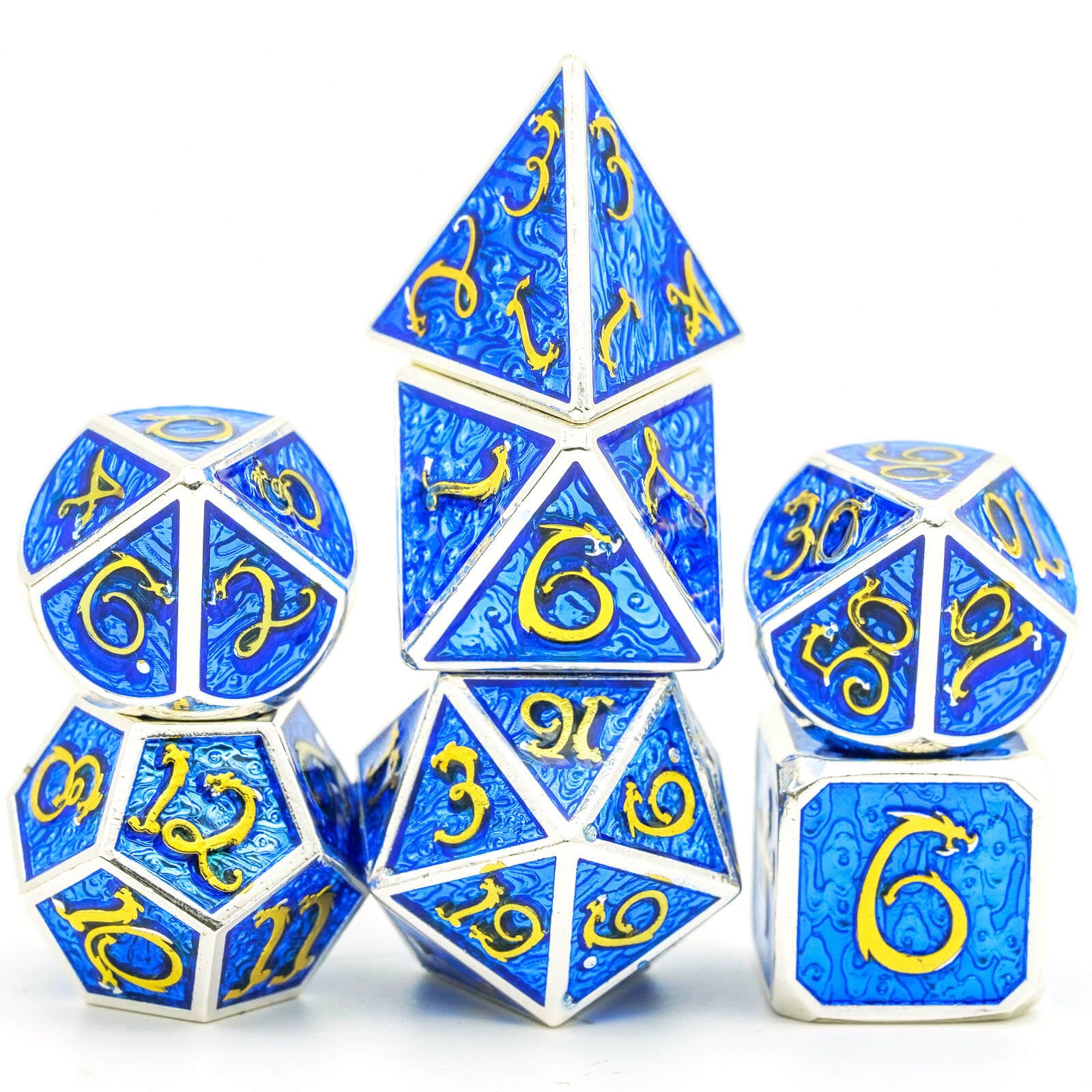 Clouds Dragon 7 Polyhedral Metal DD Dice Set Silver Blue - Dice of Dragons