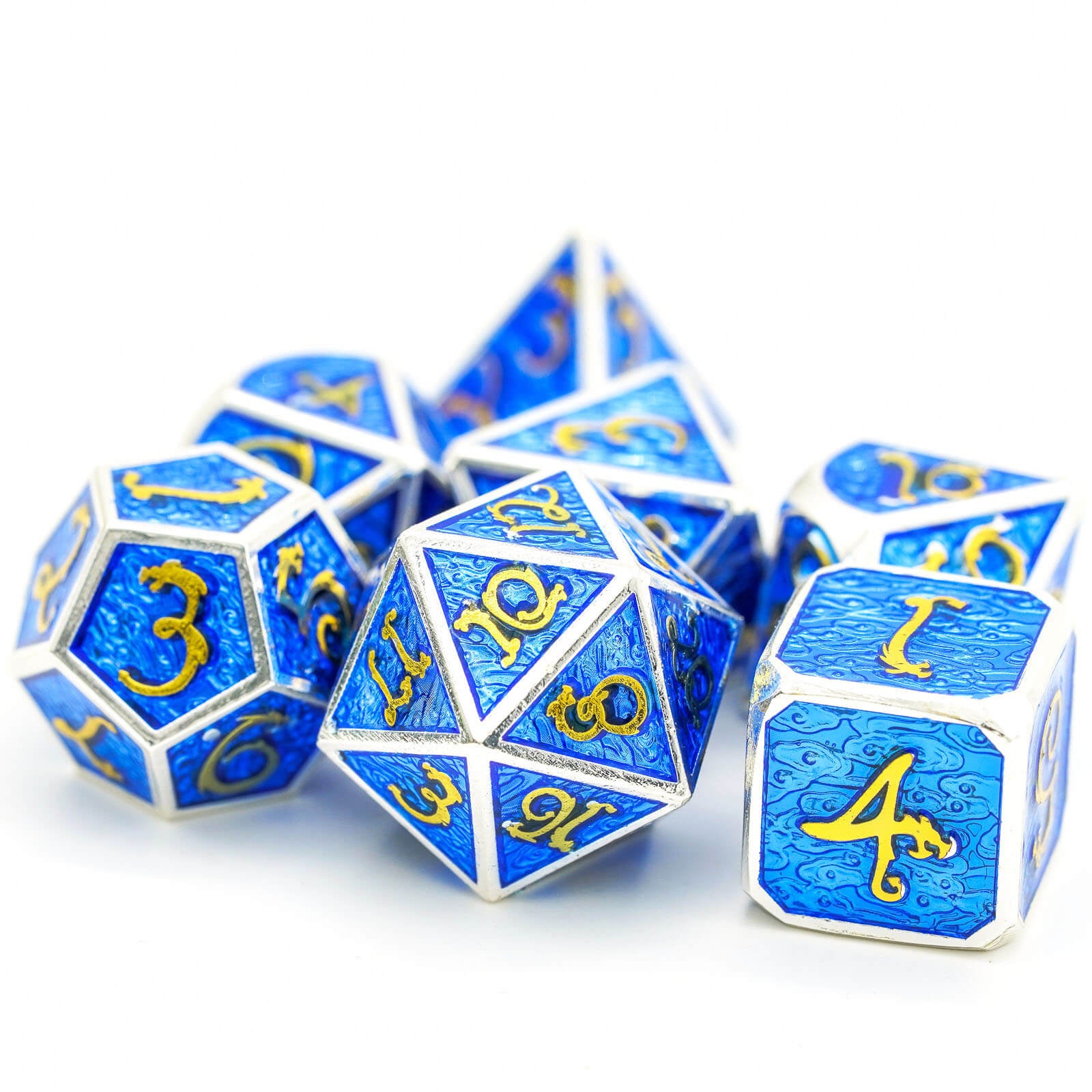 Clouds Dragon 7 Polyhedral Metal DD Dice Set Silver Blue - Dice of Dragons