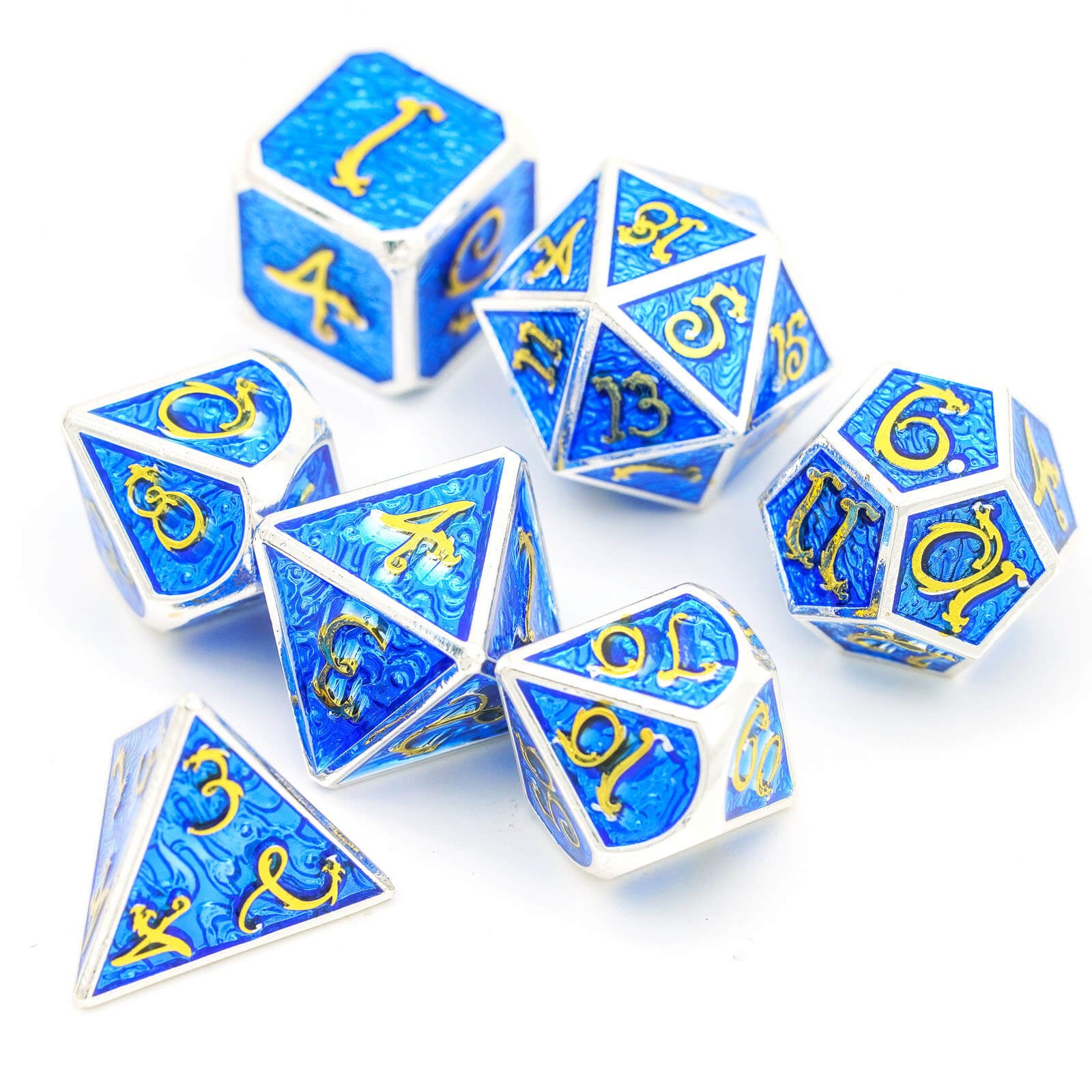 Clouds Dragon 7 Polyhedral Metal DD Dice Set Silver Blue - Dice of Dragons