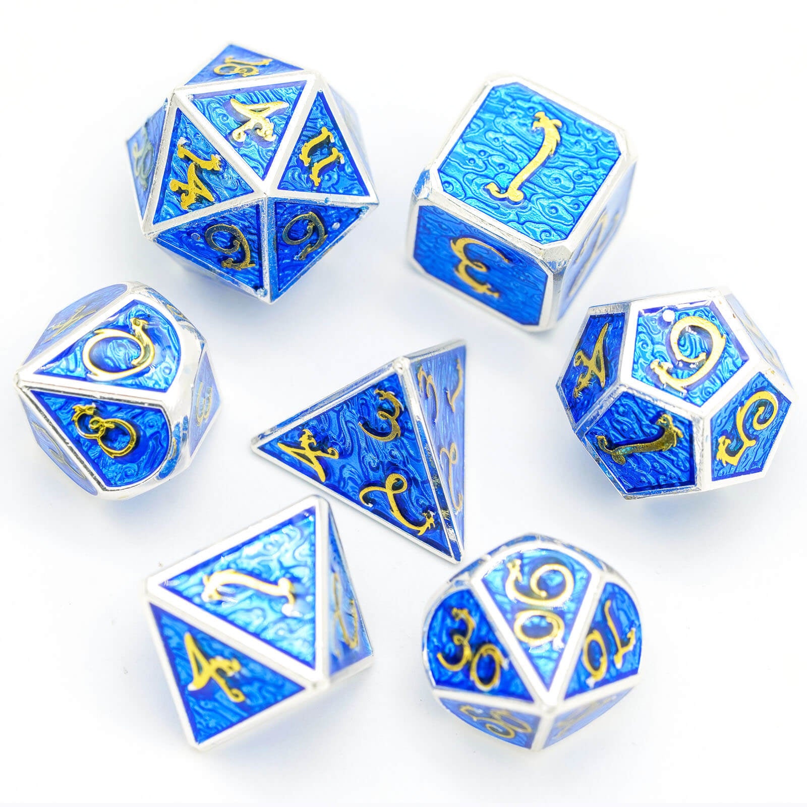 Clouds Dragon 7 Polyhedral Metal DD Dice Set Silver Blue - Dice of Dragons