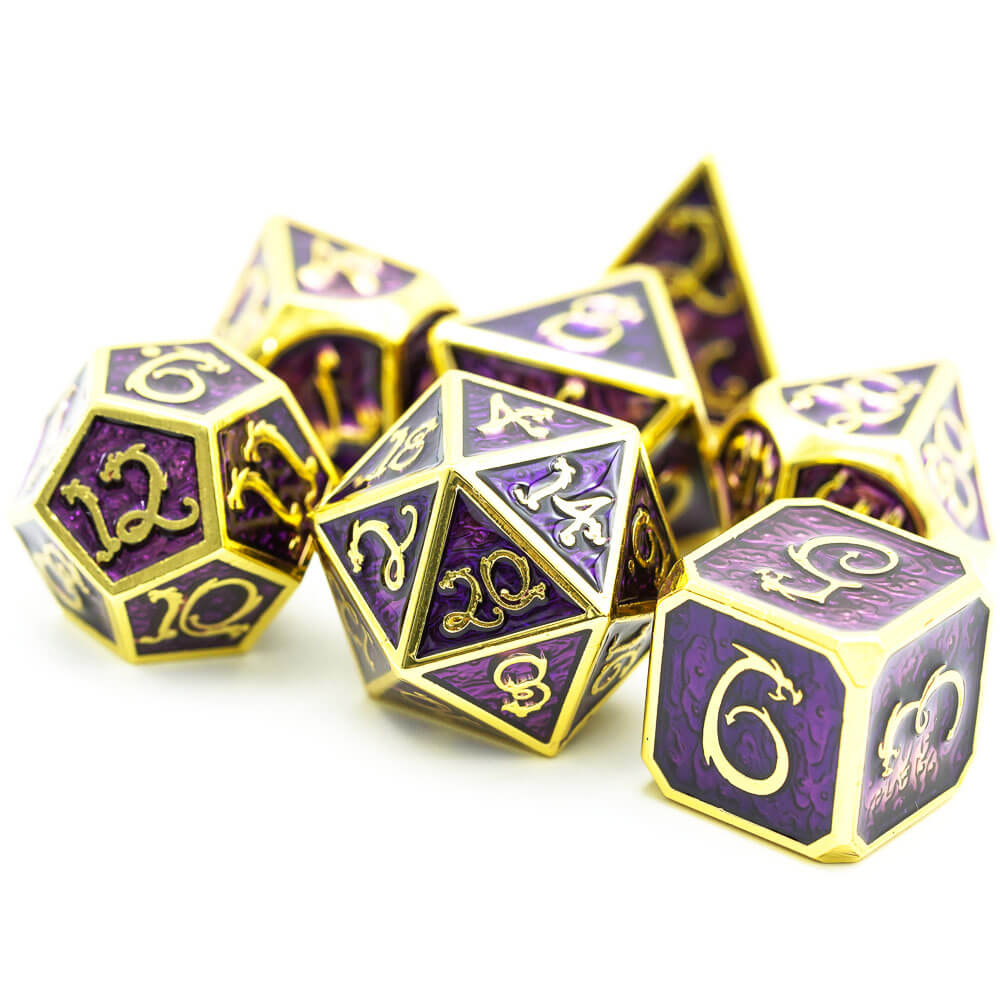 Clouds Dragon 7 Polyhedral Metal DnD Dice Sets Gold Purple - Dice of Dragons