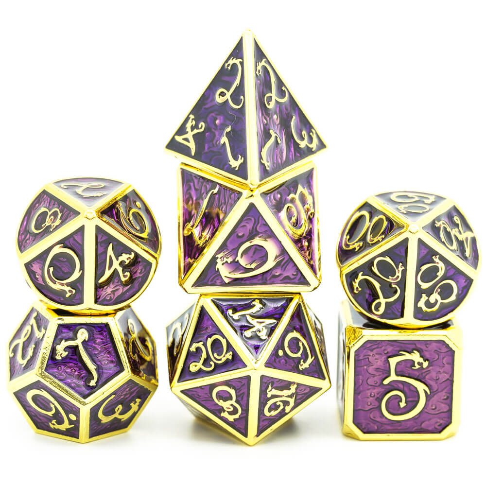 Clouds Dragon 7 Polyhedral Metal DnD Dice Sets Gold Purple - Dice of Dragons