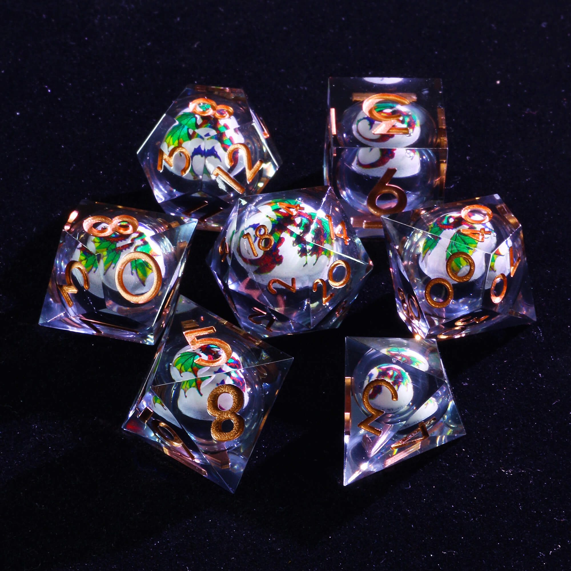 Cool 7 Polyhedral Dragon Liquid Core DD Dice Sets - Dice of Dragons