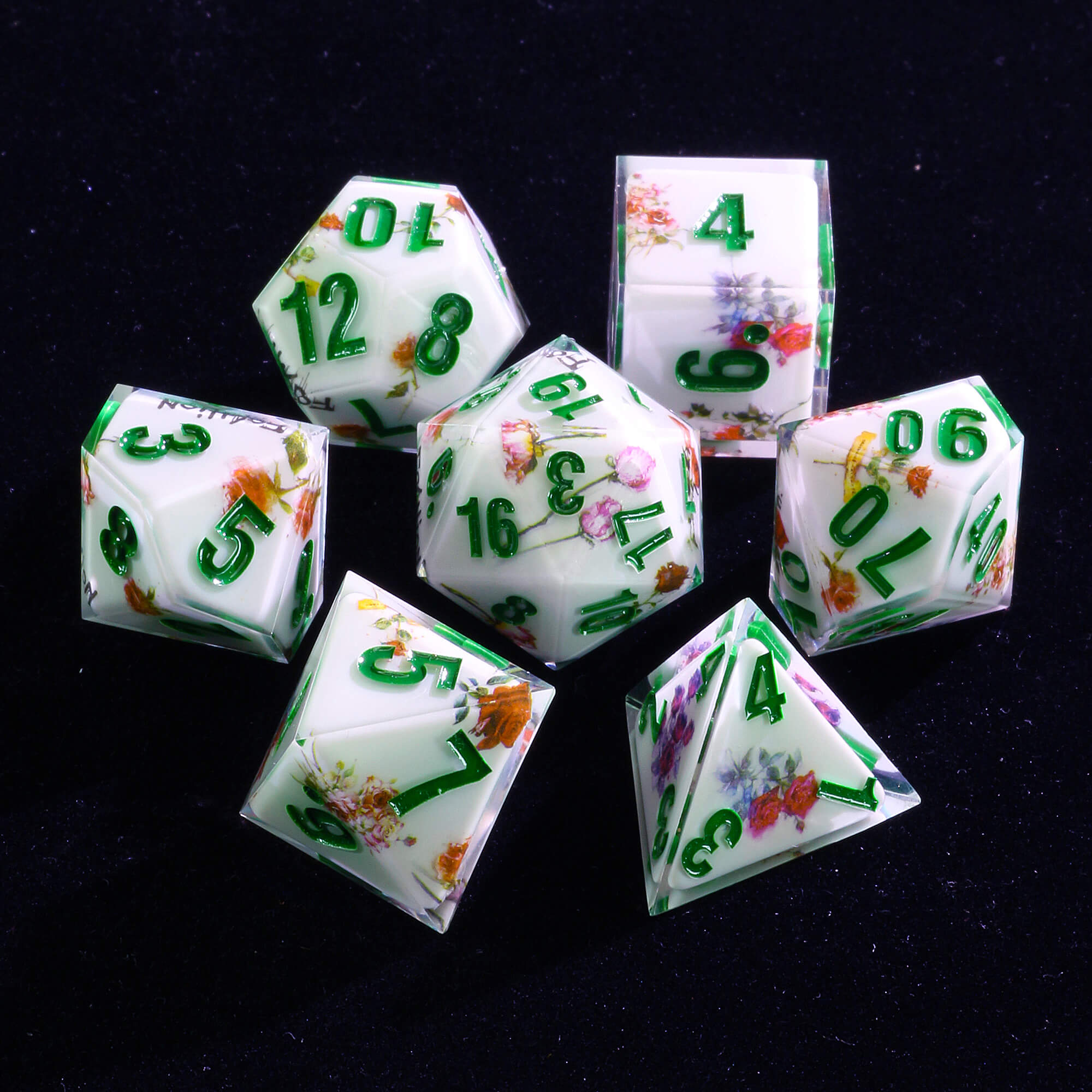 Cool 7 Polyhedral Resin Dice Set D&D Flower White - Dice of Dragons