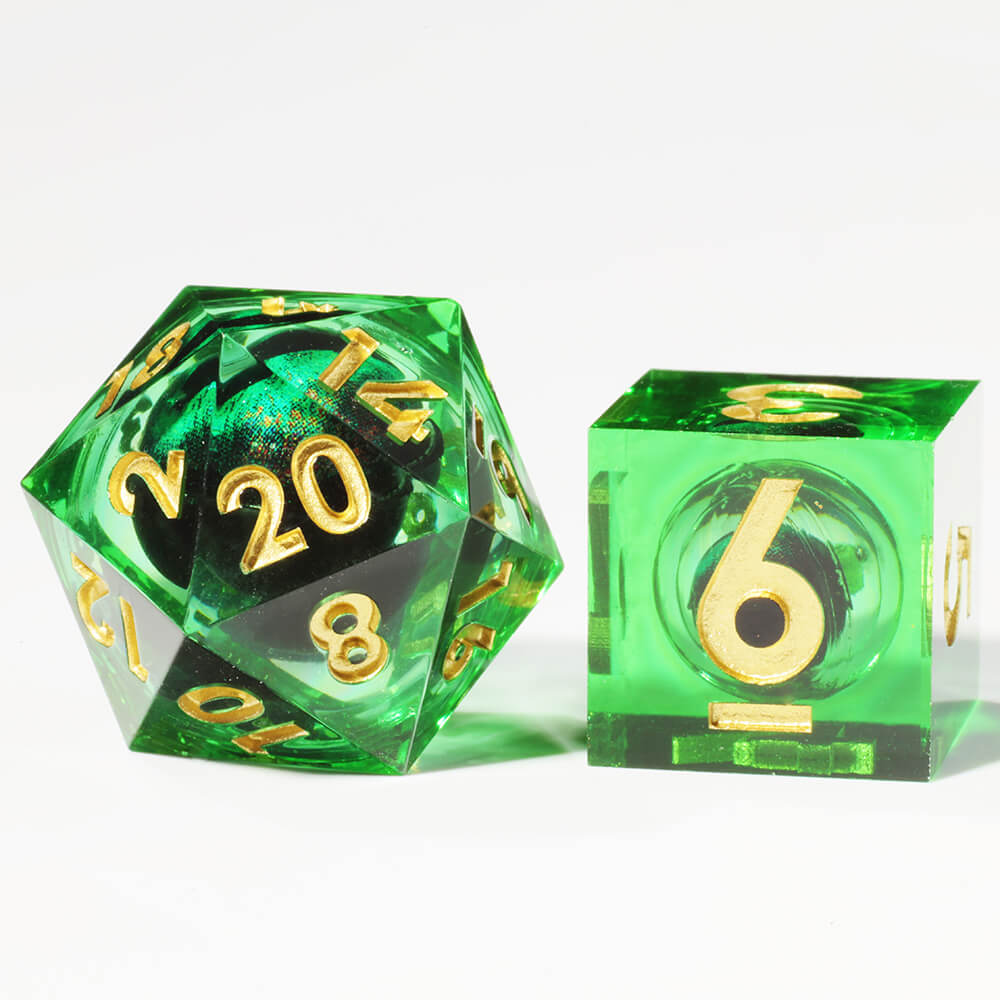 Polyhedral Resin Green Dragon Eye Liquid Core Dice Set DnD - Dice of Dragons