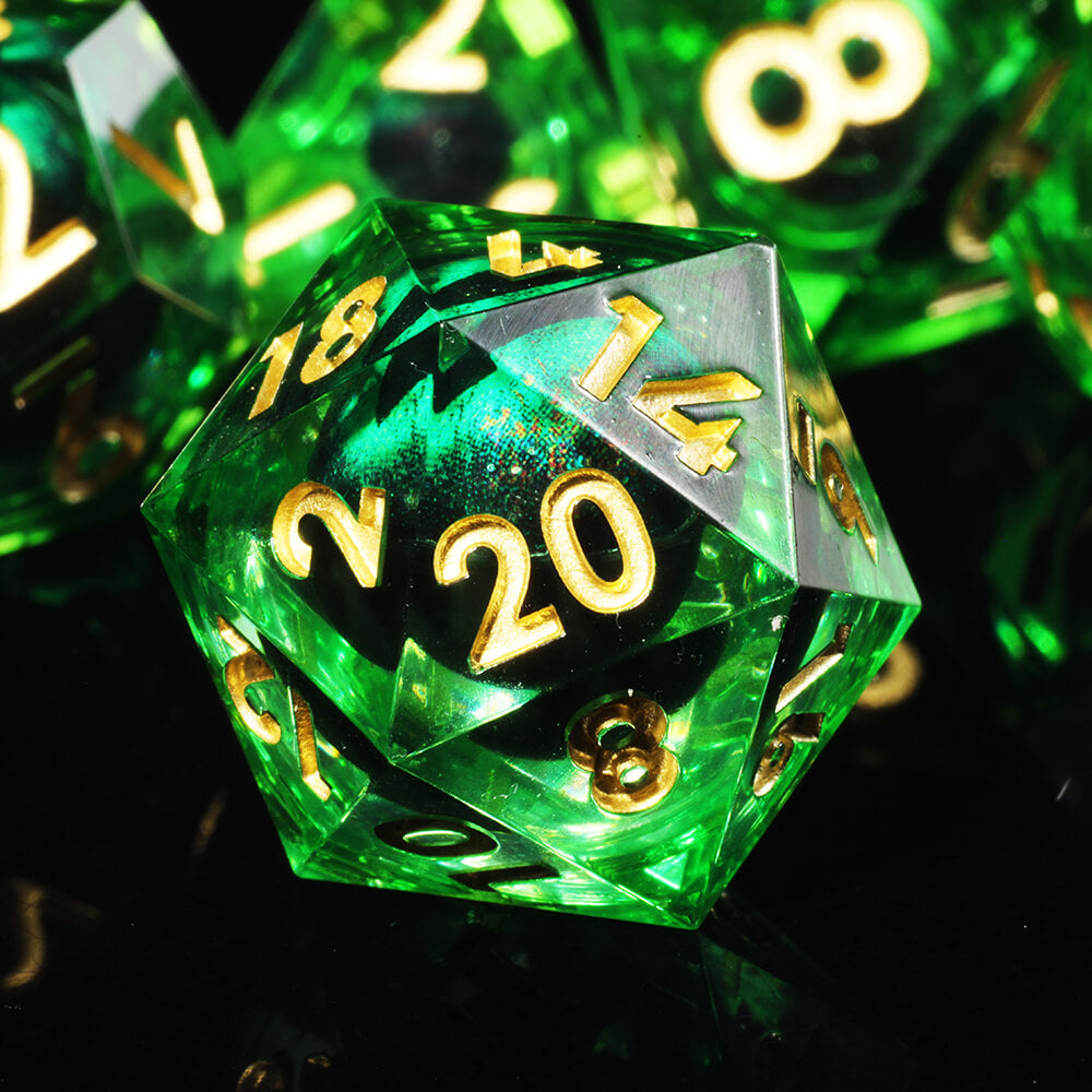 Polyhedral Resin Green Dragon Eye Liquid Core Dice Set DnD - Dice of Dragons