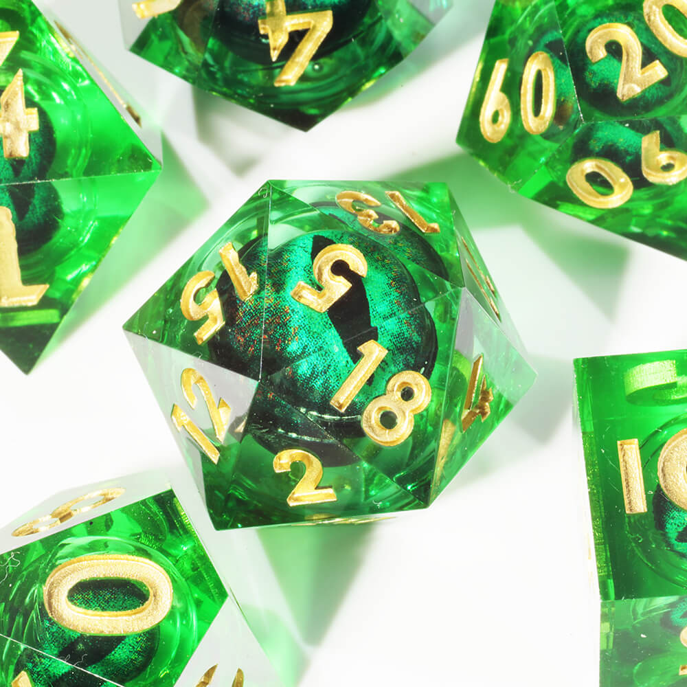 Polyhedral Resin Green Dragon Eye Liquid Core Dice Set DnD - Dice of Dragons