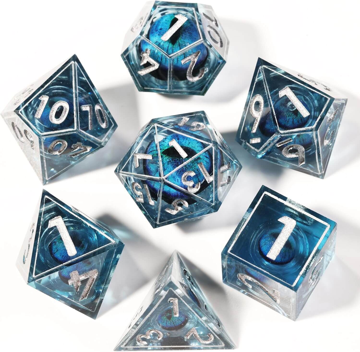 D&D 7-Piece Sharp Edge Blue Dragon Eye Polyhedral Resin Dice Set - Dice of Dragons