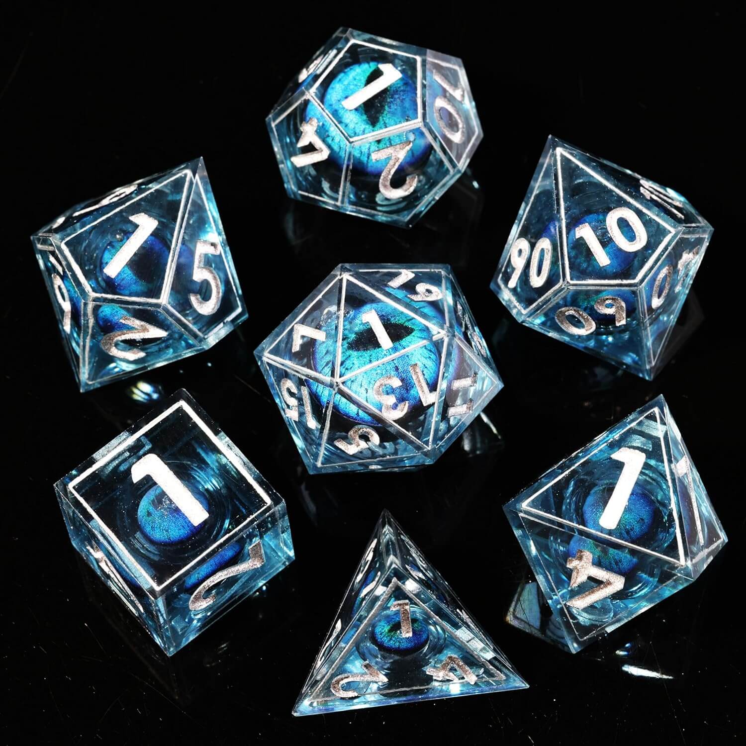 D&D 7-Piece Sharp Edge Blue Dragon Eye Polyhedral Resin Dice Set - Dice of Dragons