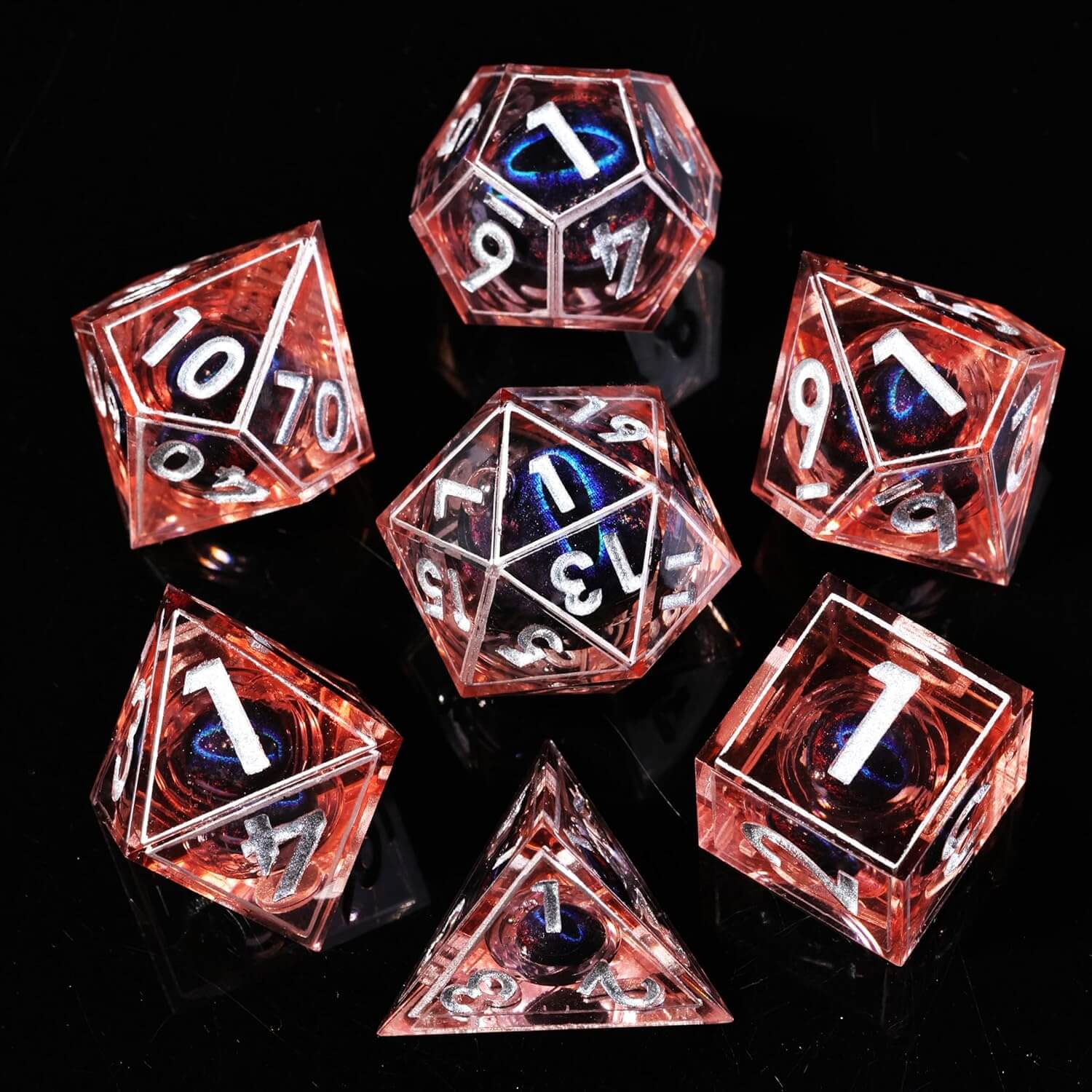 D&D 7-Piece Sharp Edge Fire Blue Dragon Eye Polyhedral Resin Dice Set - Dice of Dragons