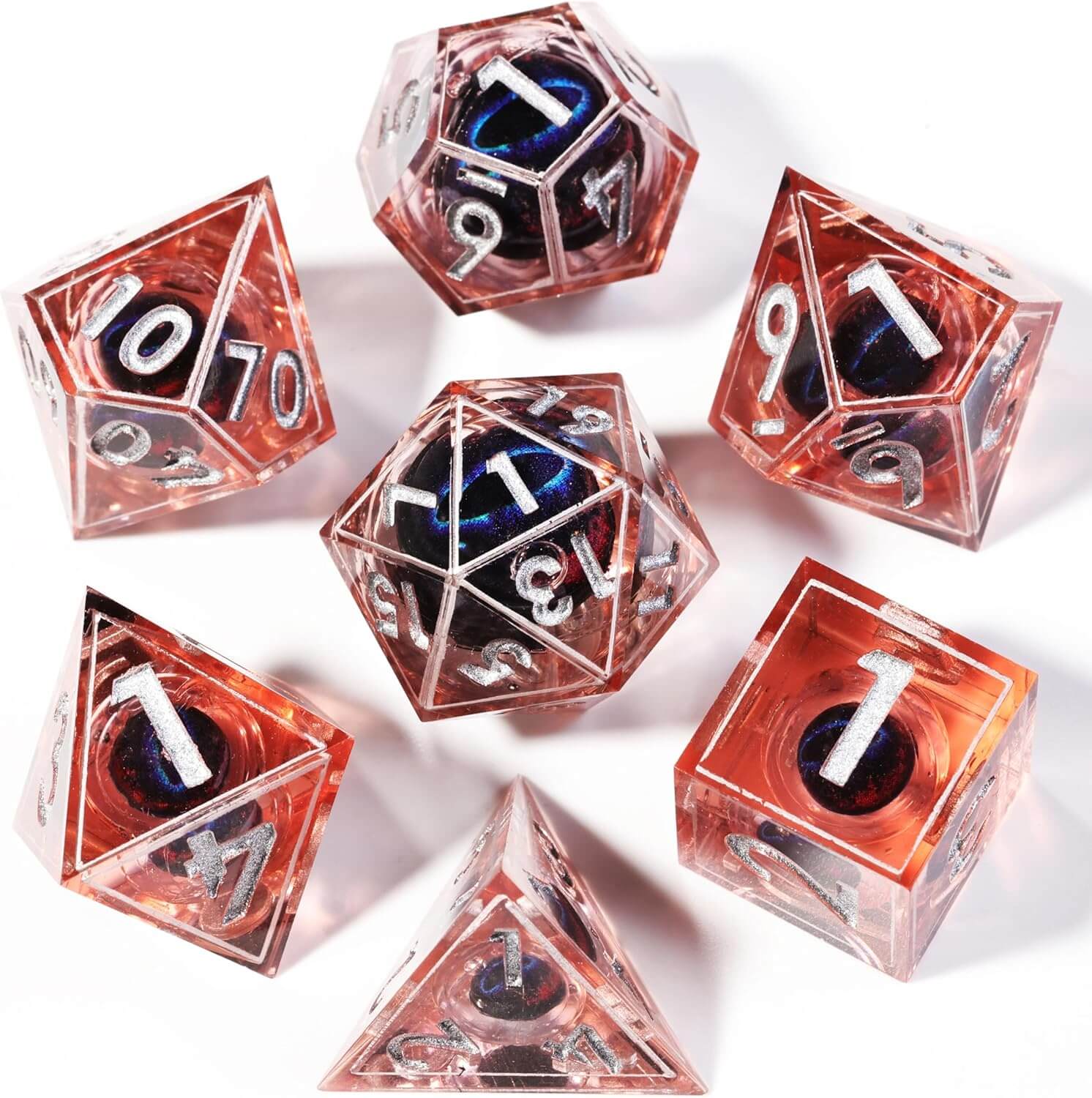 D&D 7-Piece Sharp Edge Fire Blue Dragon Eye Polyhedral Resin Dice Set - Dice of Dragons