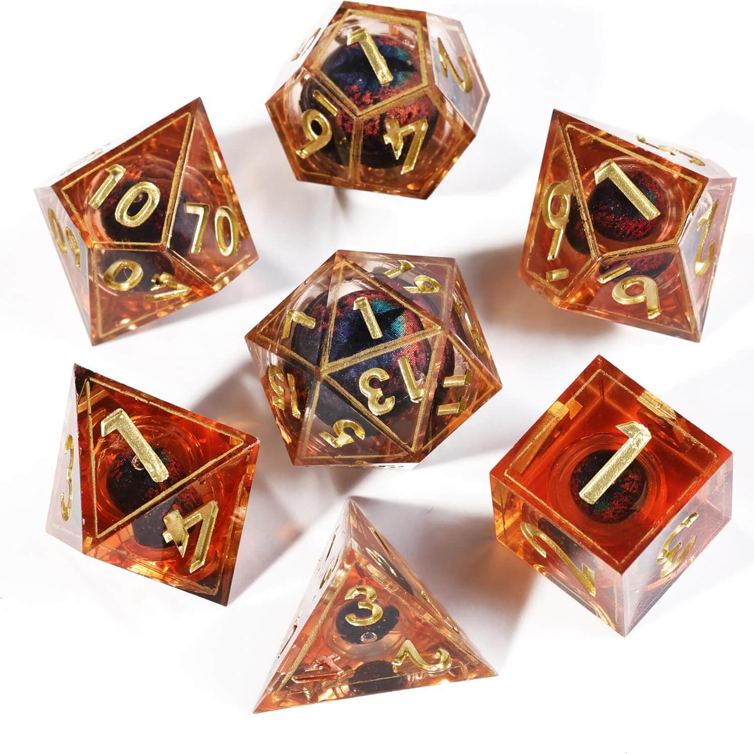 D&D 7-Piece Sharp Edge Liquid Dragon Eye Polyhedral Resin Dice Set - Dice of Dragons