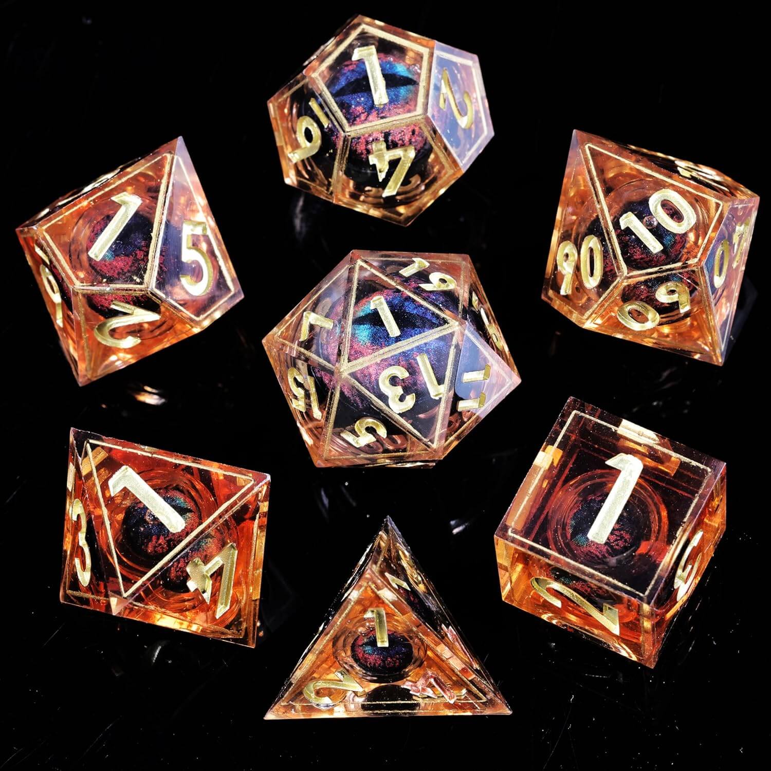 D&D 7-Piece Sharp Edge Liquid Dragon Eye Polyhedral Resin Dice Set - Dice of Dragons