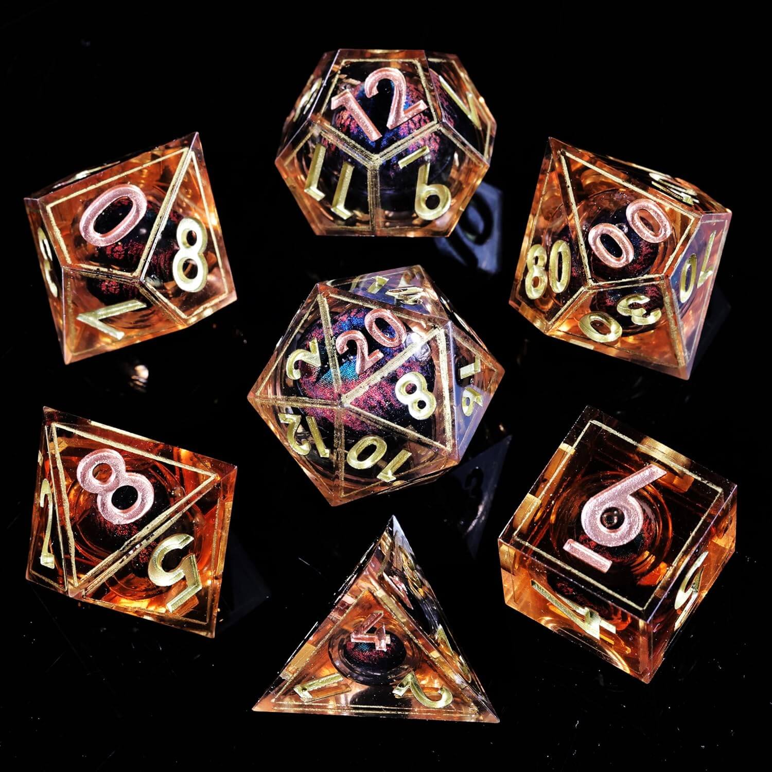 D&D 7-Piece Sharp Edge Liquid Dragon Eye Polyhedral Resin Dice Set - Dice of Dragons