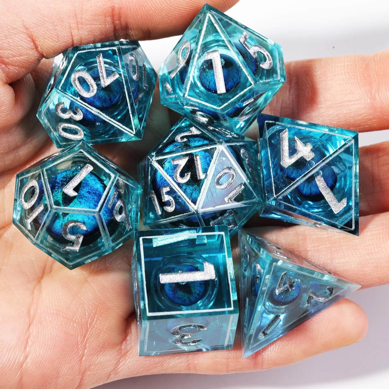 D&D 7-Piece Sharp Edge Multi-Layer Blue Dragon Eye Polyhedral Resin Dice Set - Dice of Dragons