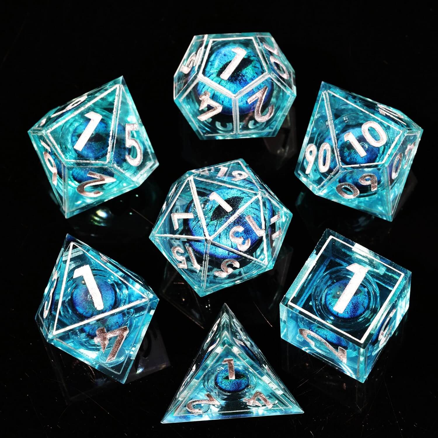 D&D 7-Piece Sharp Edge Multi-Layer Blue Dragon Eye Polyhedral Resin Dice Set - Dice of Dragons