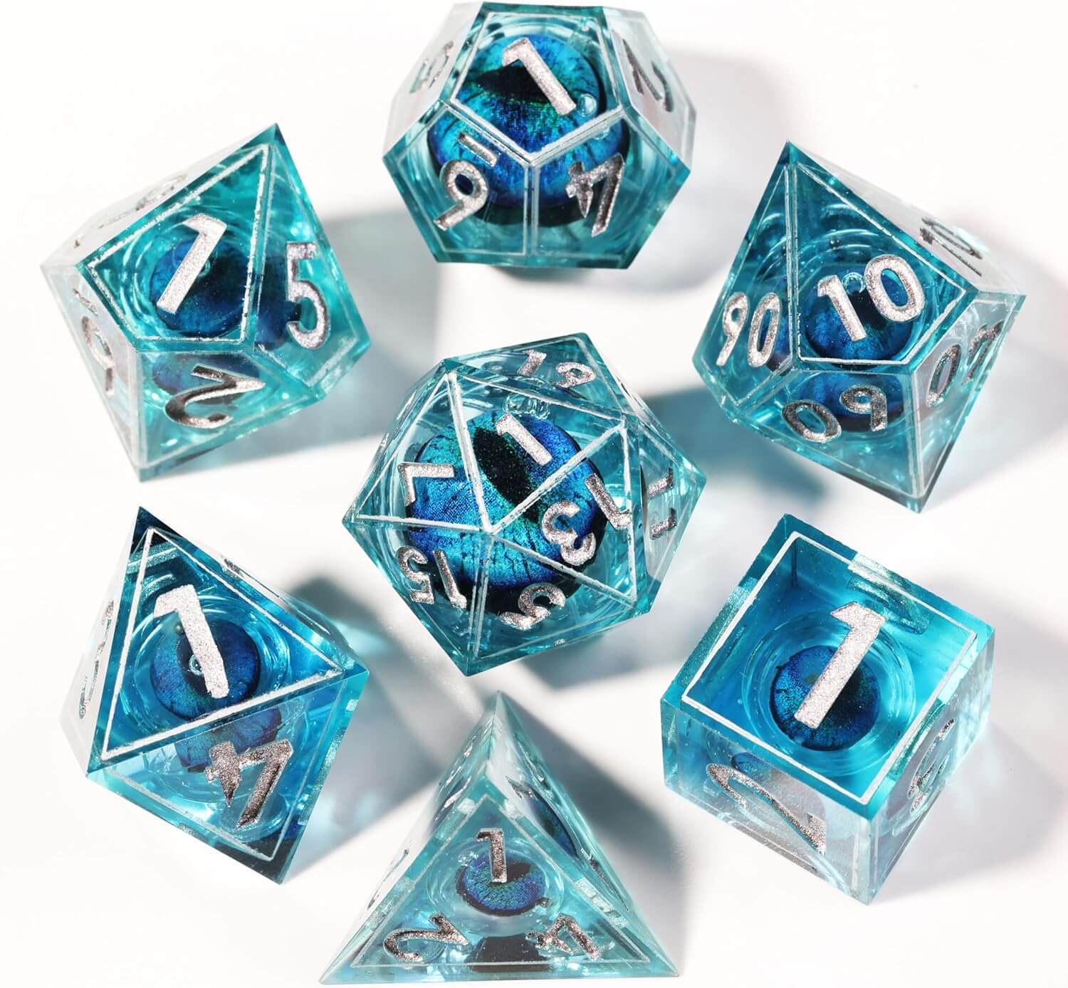 D&D 7-Piece Sharp Edge Multi-Layer Blue Dragon Eye Polyhedral Resin Dice Set - Dice of Dragons