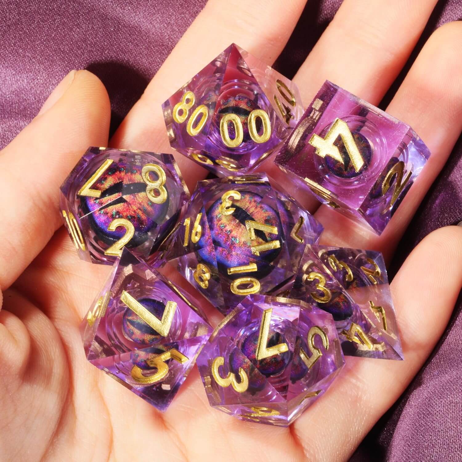 D&D 7-Piece Purple Liquid Core Dragon Eye Polyhedral Resin Dice Set - Dice of Dragons