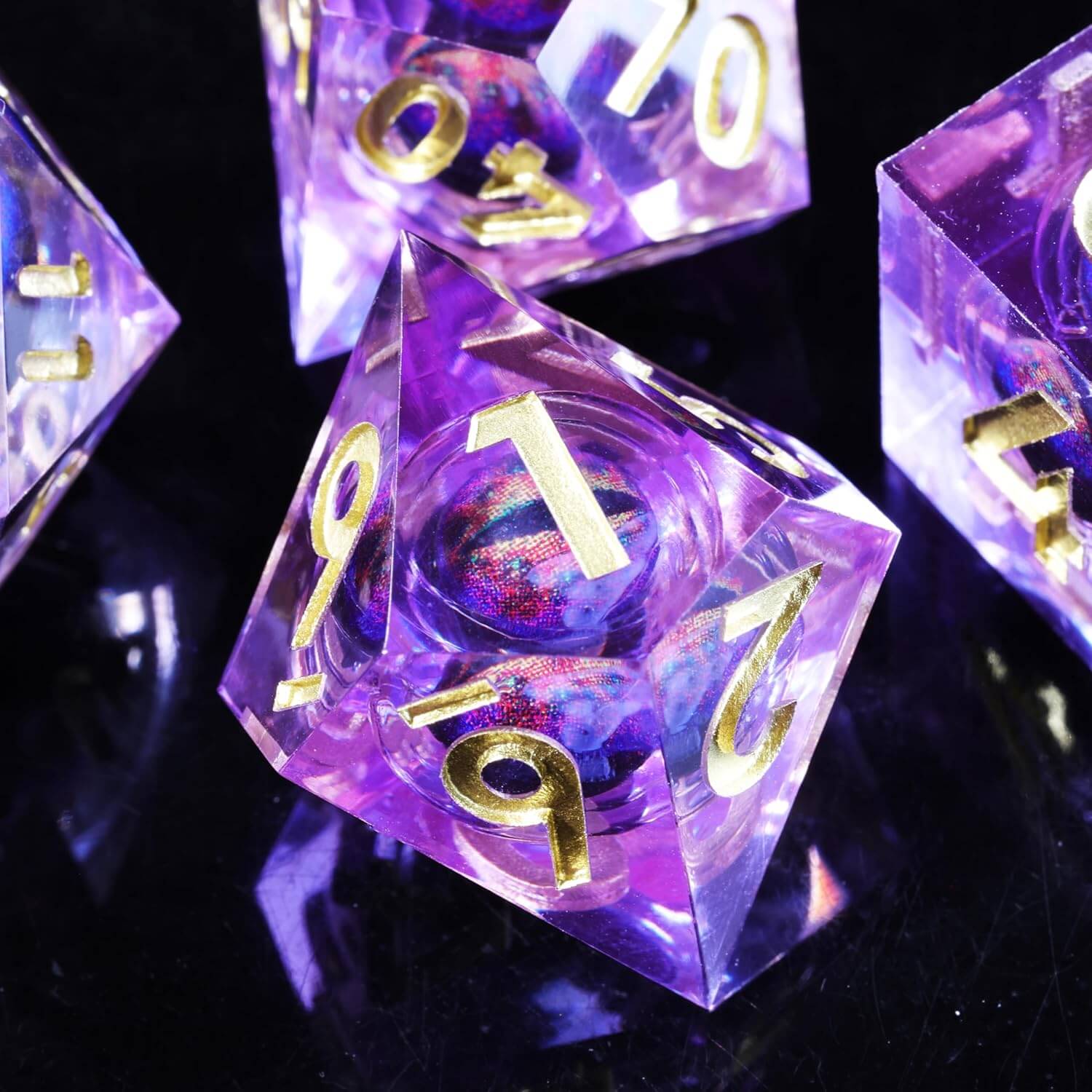 D&D 7-Piece Purple Liquid Core Dragon Eye Polyhedral Resin Dice Set - Dice of Dragons