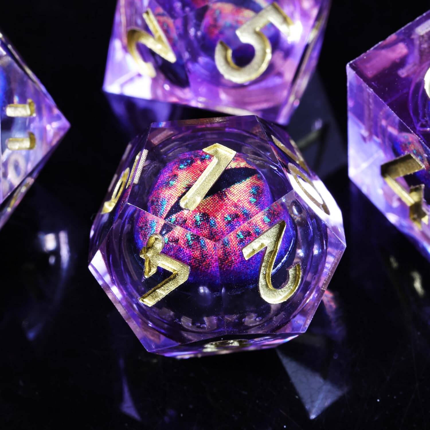 D&D 7-Piece Purple Liquid Core Dragon Eye Polyhedral Resin Dice Set - Dice of Dragons