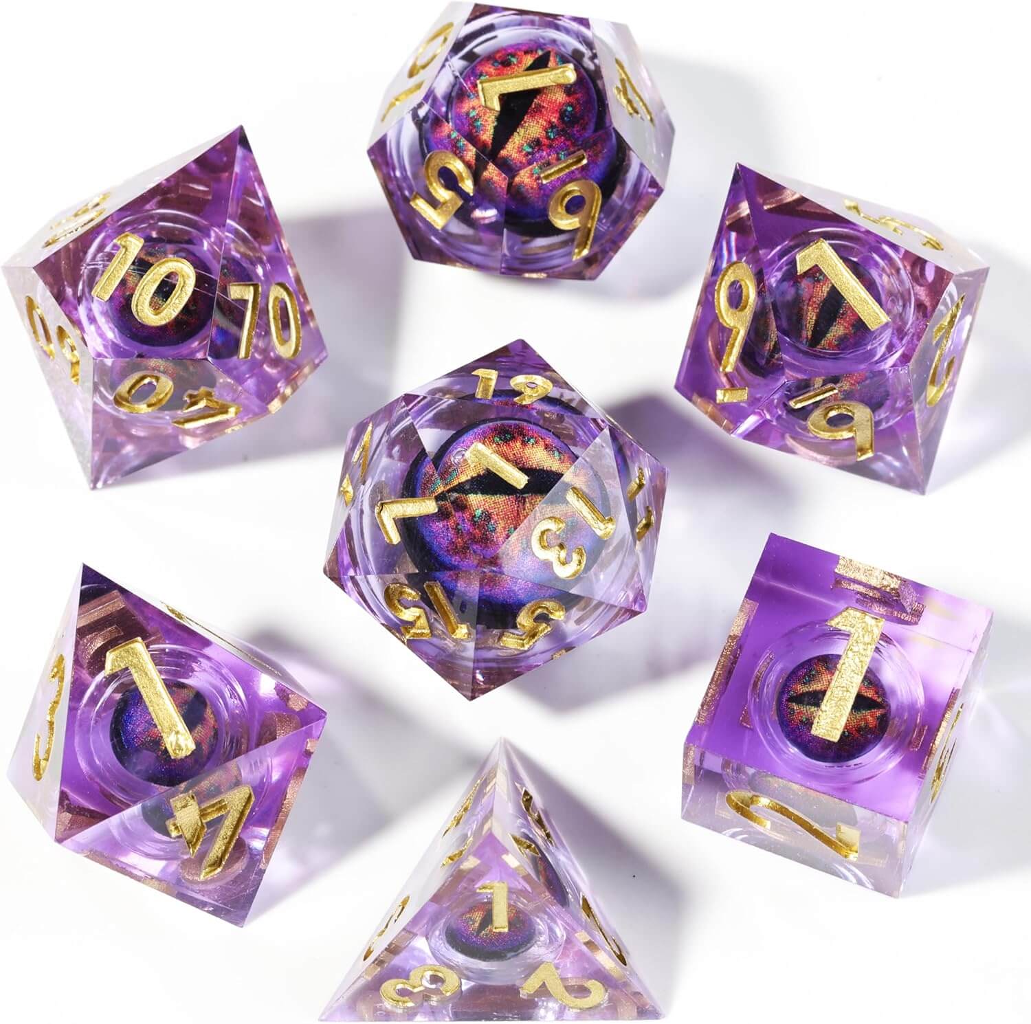 D&D 7-Piece Purple Liquid Core Dragon Eye Polyhedral Resin Dice Set - Dice of Dragons