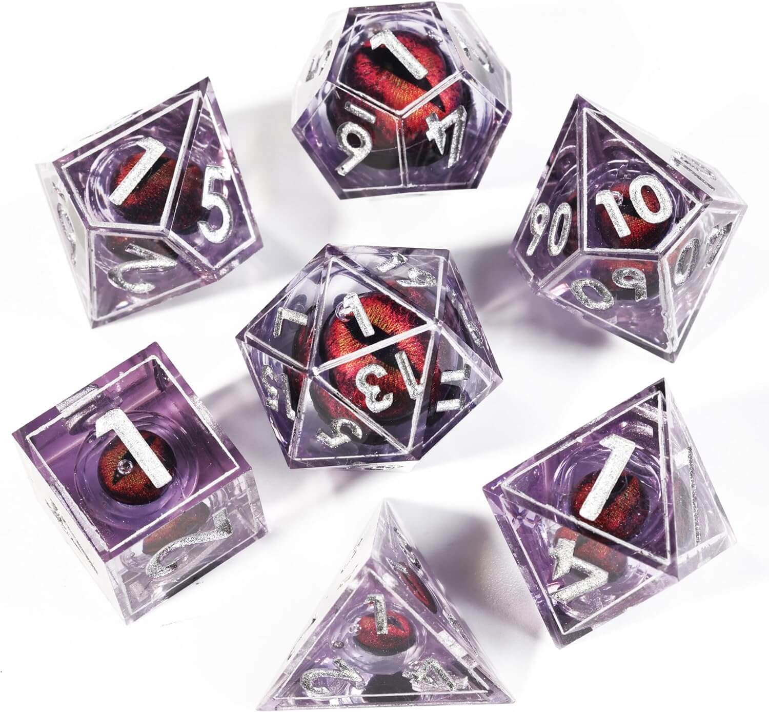 D&D 7-Piece Sharp Edge Red Dragon Eye Polyhedral Resin Dice Set - Dice of Dragons